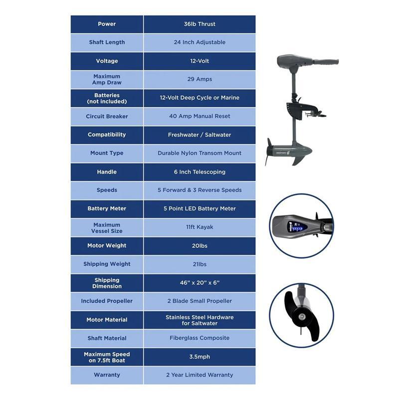 Newport Kayak Trolling Motor 12V 36lb Thrust - 24" Shaft Newport Kayak Trolling Motor 12V 36lb Thrust - 24" Shaft