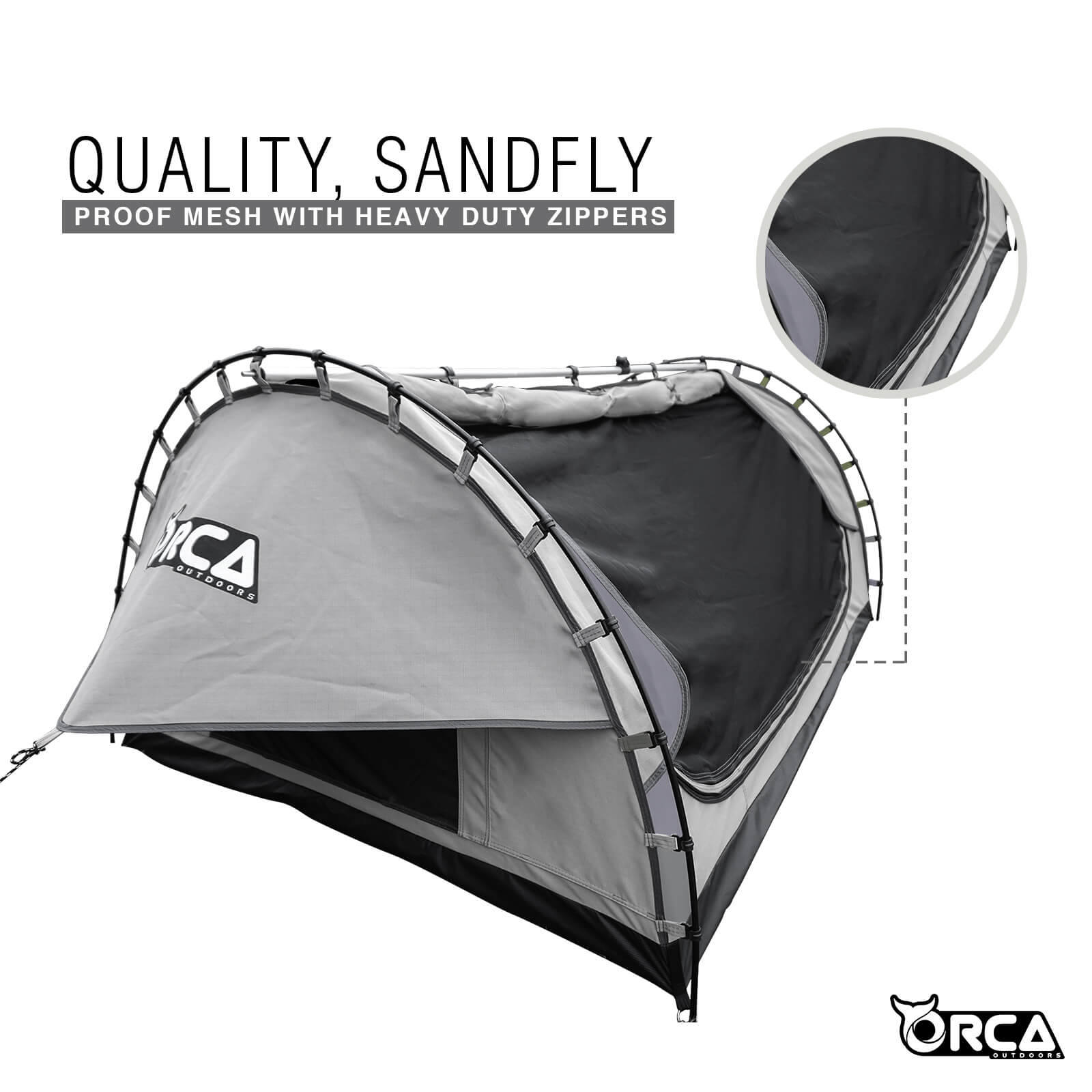 Orca Outdoors Deluxe Double Size Canvas Swag with 70mm Mattress and Awning Poles - Grey Orca Outdoors Deluxe Double Size Canvas Swag with 70mm Mattress and Awning Poles - Grey