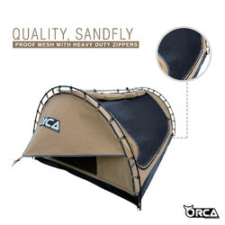 Orca Outdoors Deluxe Double Size Canvas Swag with 70mm Mattress and Awning Poles - Sand Orca Outdoors Deluxe Double Size Canvas Swag with 70mm Mattress and Awning Poles - Sand
