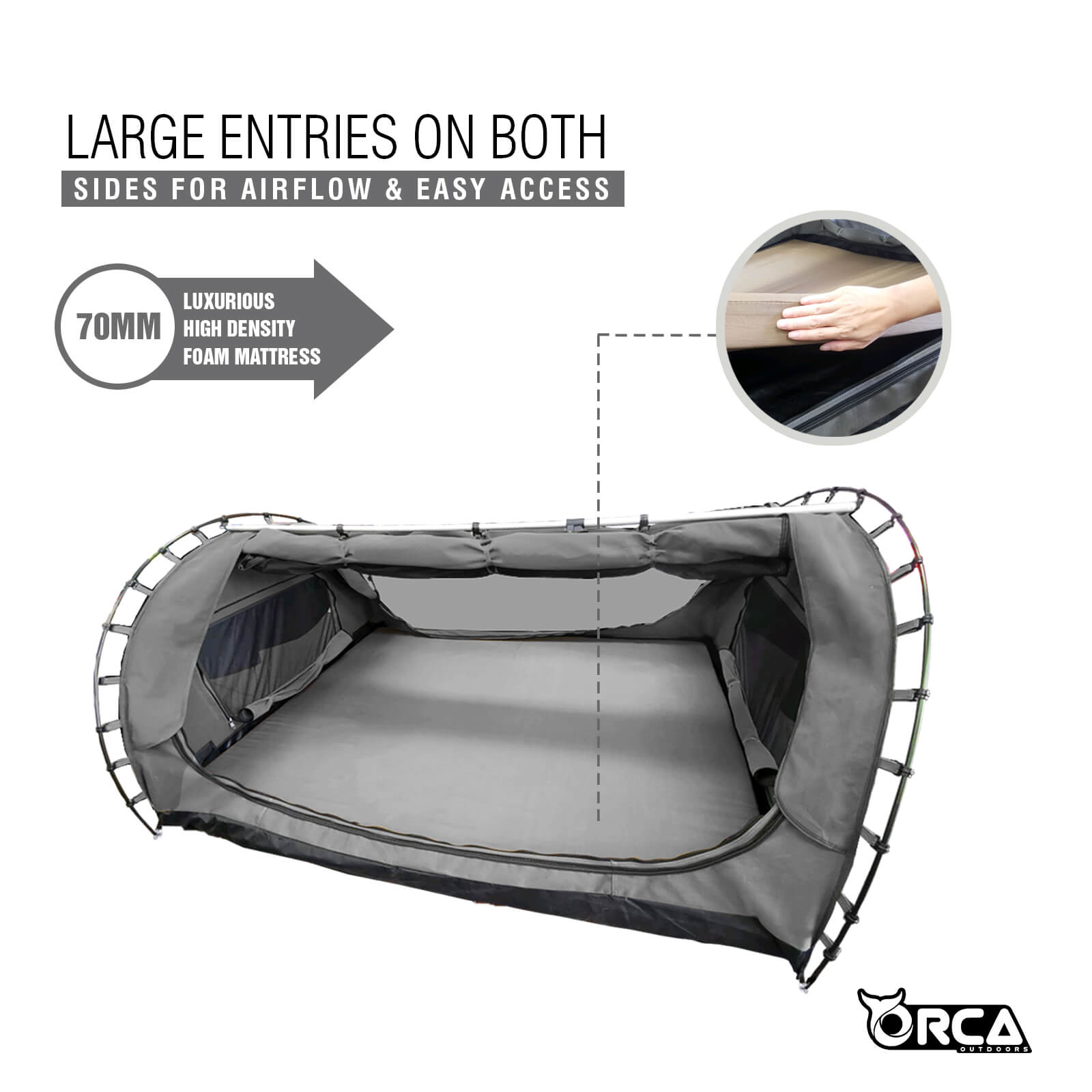 Orca Outdoors Deluxe Double Size Canvas Swag with 70mm Mattress and Awning Poles - Grey Orca Outdoors Deluxe Double Size Canvas Swag with 70mm Mattress and Awning Poles - Grey