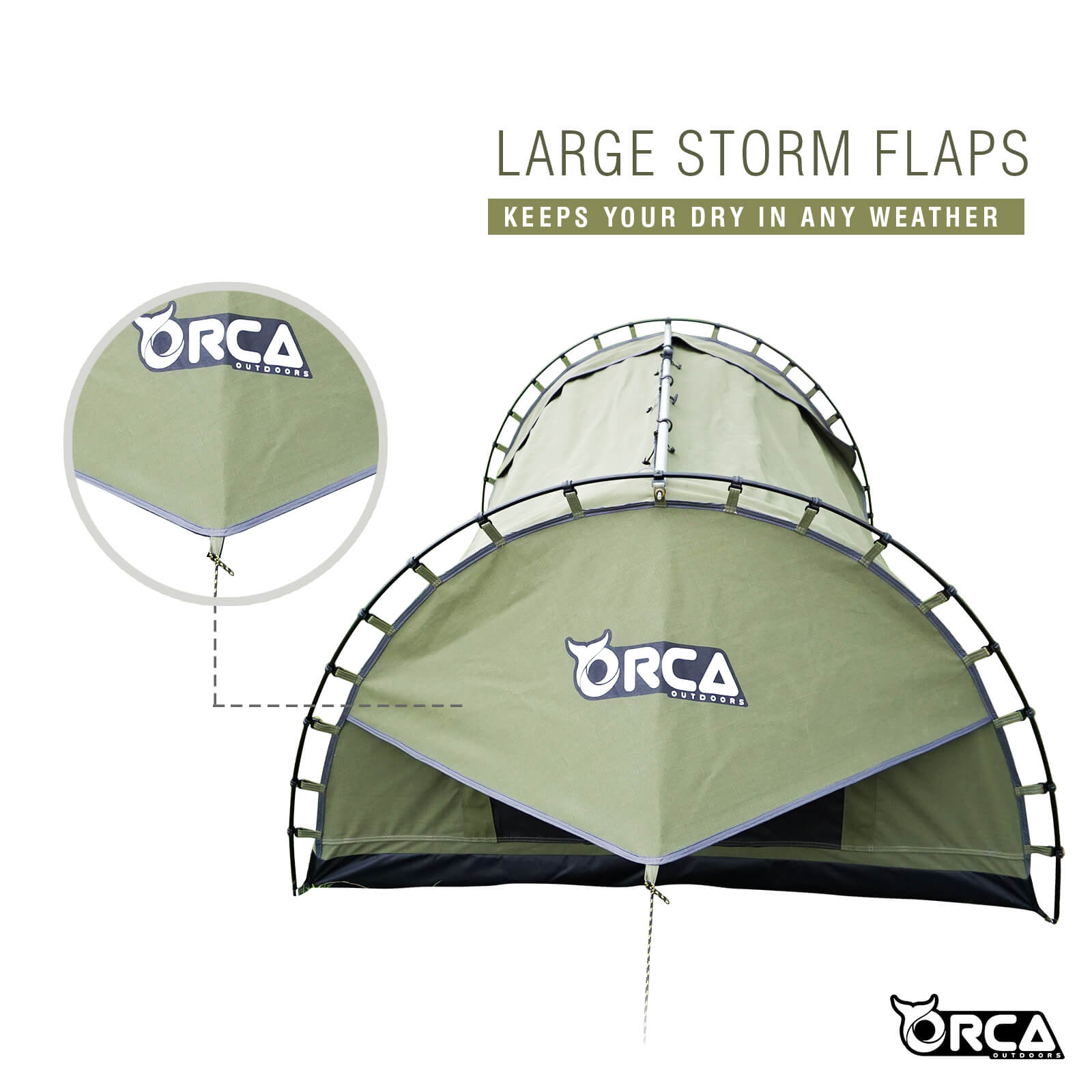 Orca Outdoors Deluxe Double Size Canvas Swag with 70mm Mattress and Awning Poles - Khaki Orca Outdoors Deluxe Double Size Canvas Swag with 70mm Mattress and Awning Poles - Khaki