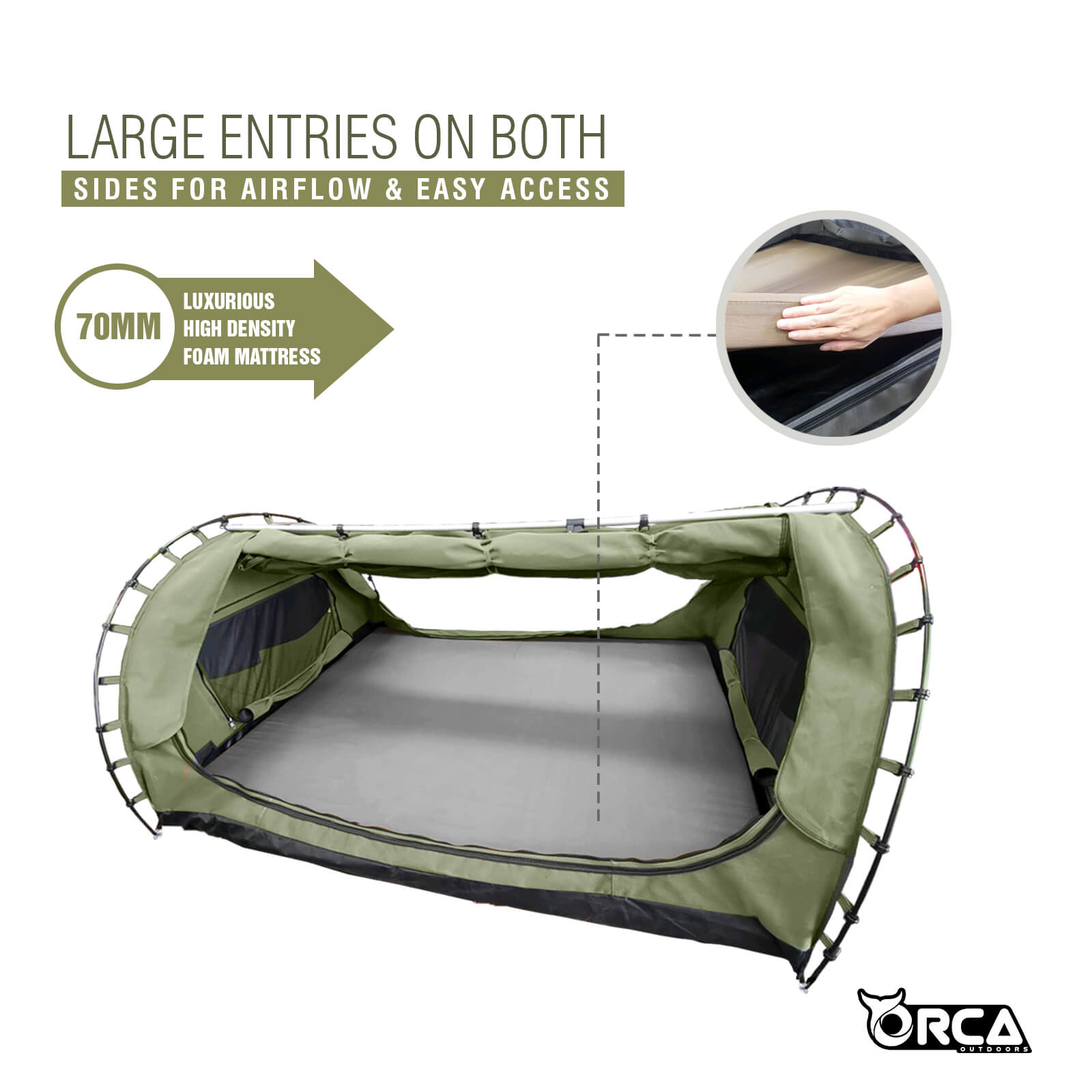 Orca Outdoors Deluxe Double Size Canvas Swag with 70mm Mattress and Awning Poles - Khaki Orca Outdoors Deluxe Double Size Canvas Swag with 70mm Mattress and Awning Poles - Khaki