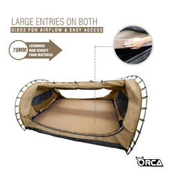 Orca Outdoors Deluxe Double Size Canvas Swag with 70mm Mattress and Awning Poles - Sand Orca Outdoors Deluxe Double Size Canvas Swag with 70mm Mattress and Awning Poles - Sand