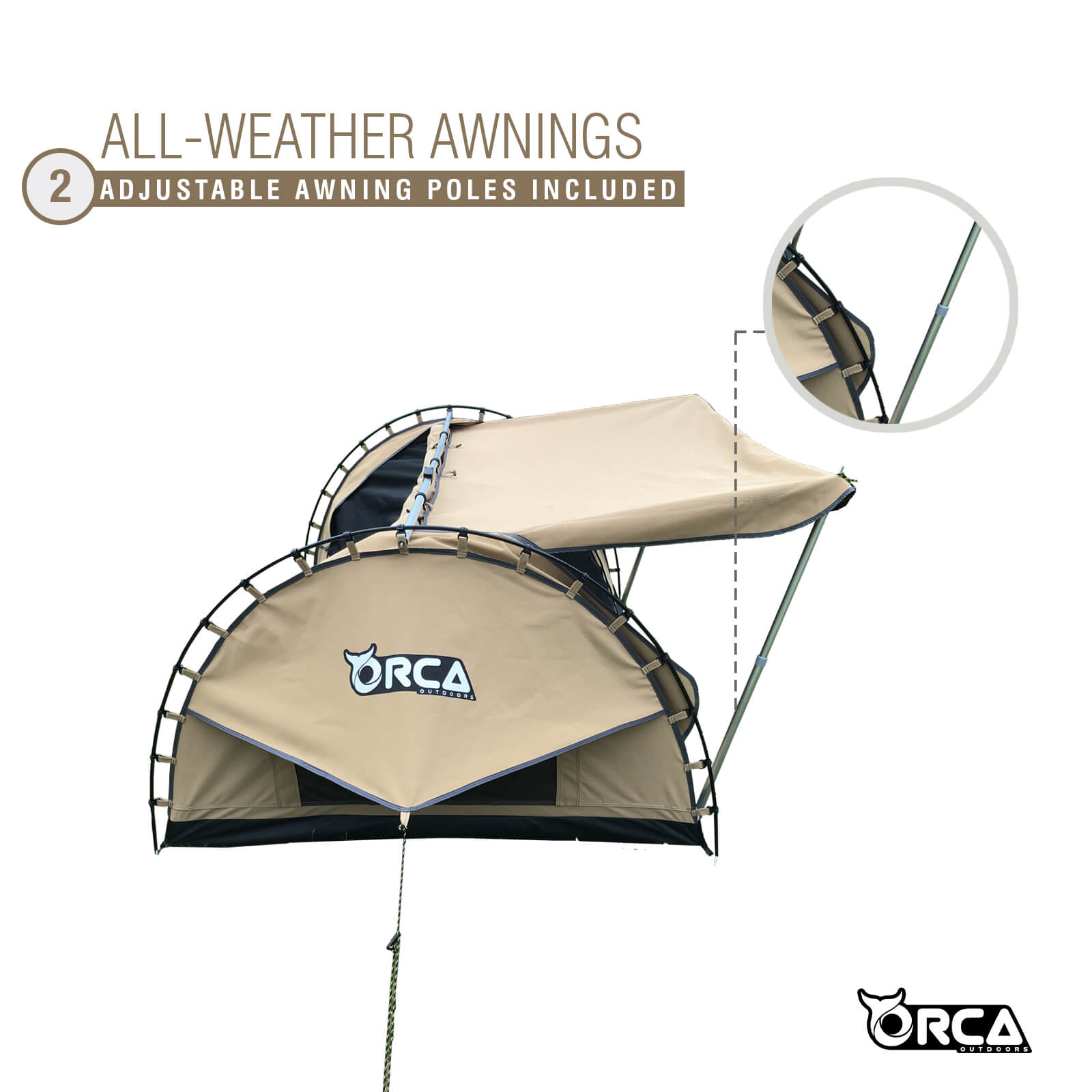 Orca Outdoors Deluxe Double Size Canvas Swag with 70mm Mattress and Awning Poles - Sand Orca Outdoors Deluxe Double Size Canvas Swag with 70mm Mattress and Awning Poles - Sand
