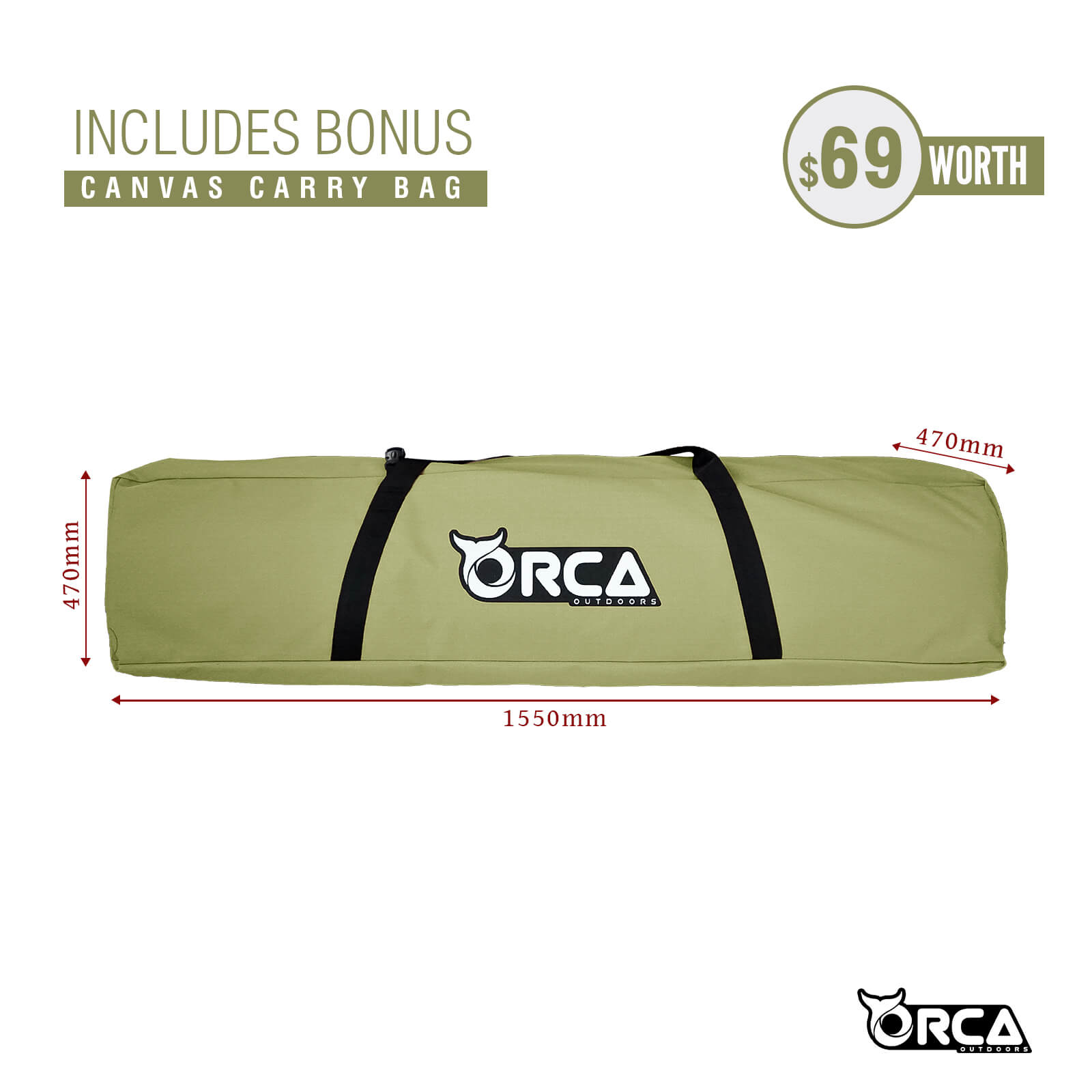 Orca Outdoors Deluxe Double Size Canvas Swag with 70mm Mattress and Awning Poles - Khaki Orca Outdoors Deluxe Double Size Canvas Swag with 70mm Mattress and Awning Poles - Khaki