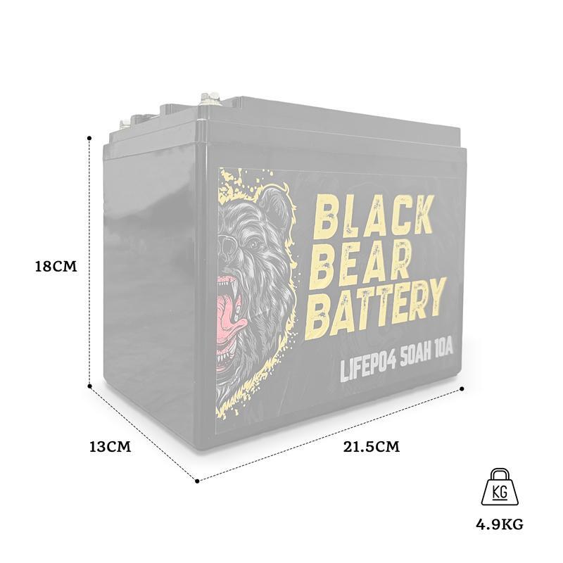 Black Bear Battery LiFePo4 50Ah Battery with 10A Charger Black Bear Battery LiFePo4 50Ah Battery with 10A Charger