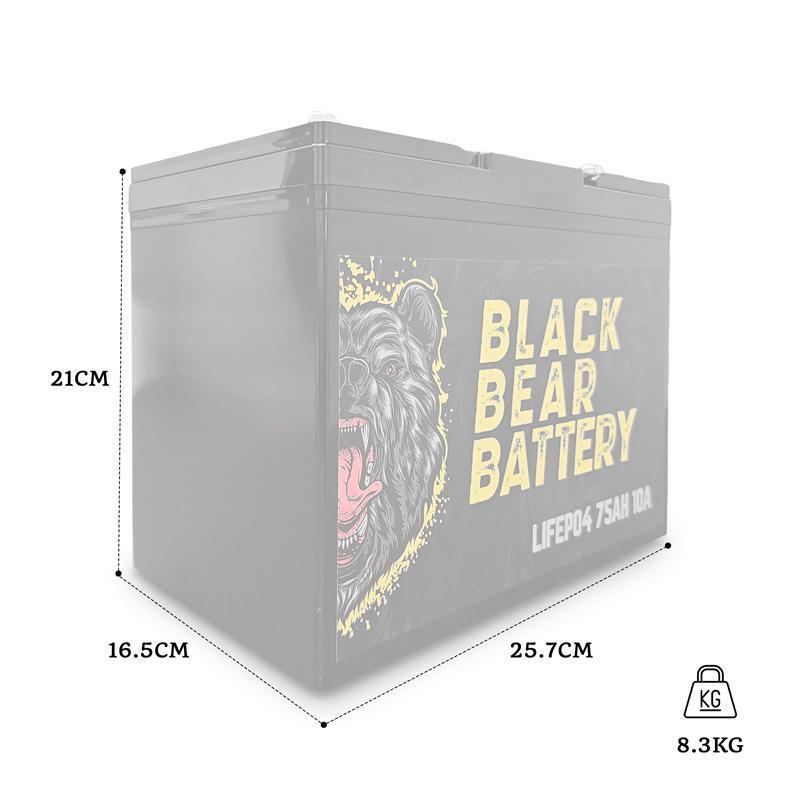 Black Bear Battery LiFePo4 75AH Battery with 10A Charger Black Bear Battery LiFePo4 75AH Battery with 10A Charger