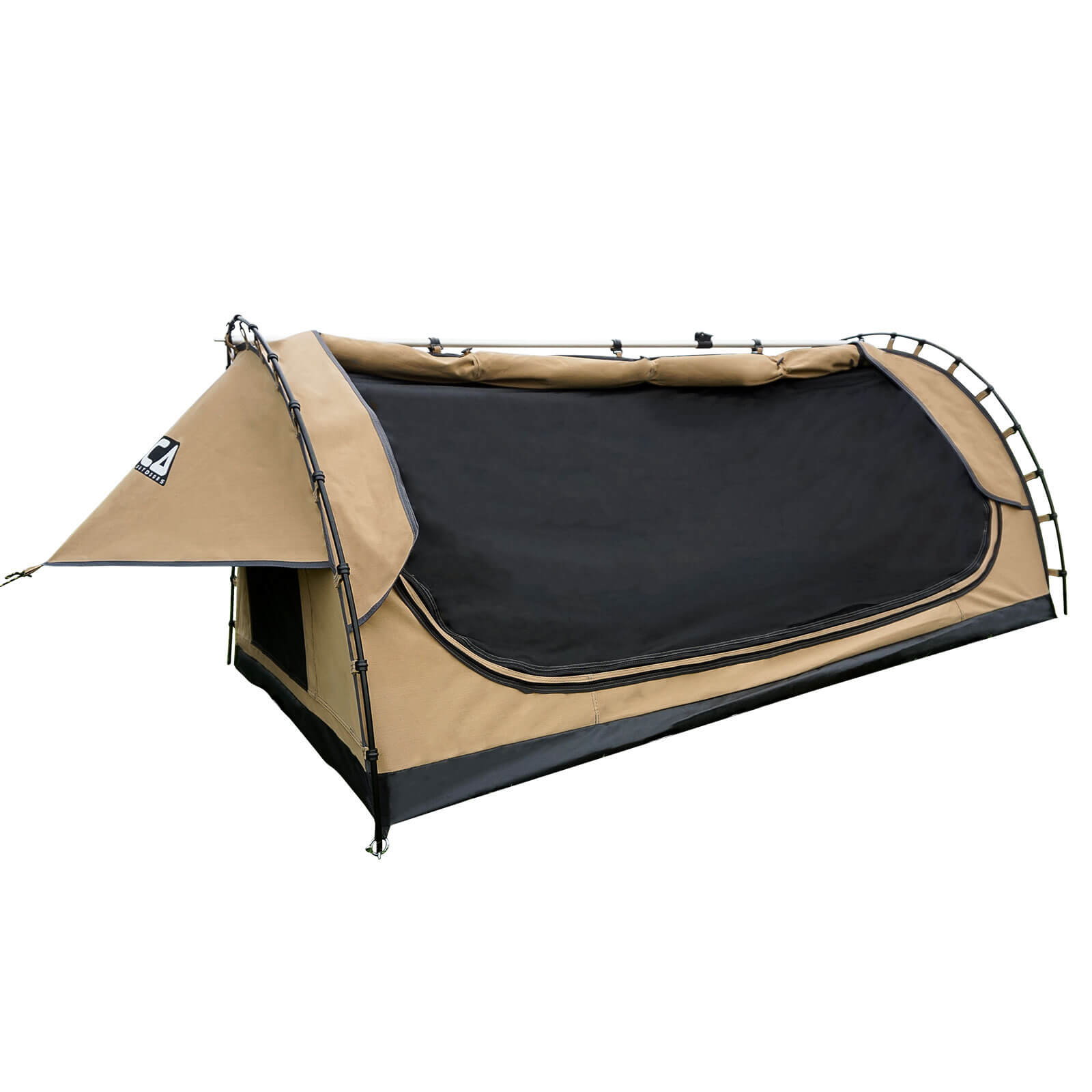 Orca Outdoors Deluxe Double Size Canvas Swag with 70mm Mattress and Awning Poles - Sand Orca Outdoors Deluxe Double Size Canvas Swag with 70mm Mattress and Awning Poles - Sand