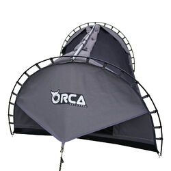 Orca Outdoors Deluxe Double Size Canvas Swag with 70mm Mattress and Awning Poles - Grey Orca Outdoors Deluxe Double Size Canvas Swag with 70mm Mattress and Awning Poles - Grey