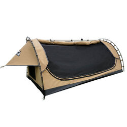 Orca Outdoors Deluxe Double Size Canvas Swag with 70mm Mattress and Awning Poles - Sand Orca Outdoors Deluxe Double Size Canvas Swag with 70mm Mattress and Awning Poles - Sand