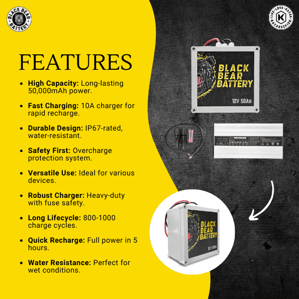 Black Bear Battery 50AH Battery with 10A Charger