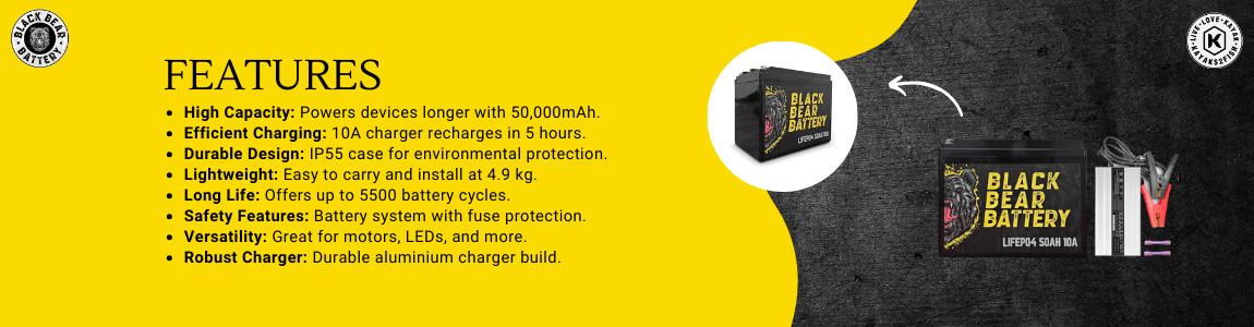 Black Bear Battery LiFePo4 50Ah Battery with 10A Charger