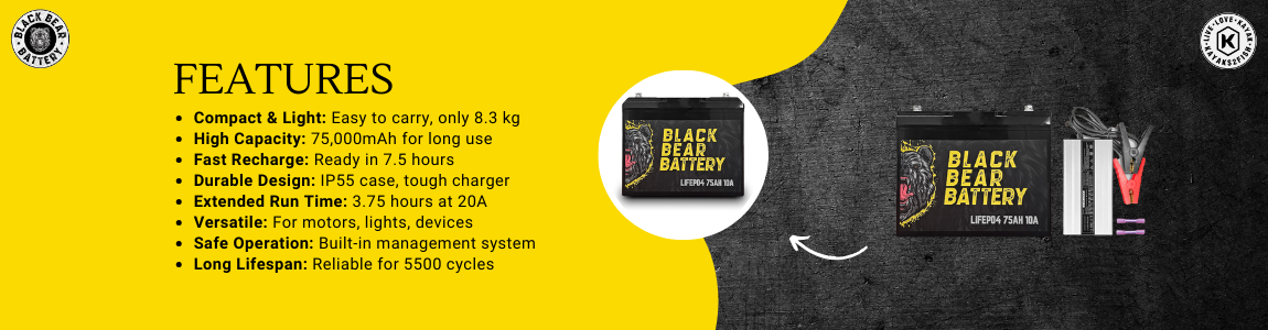 Black Bear Battery LiFePo4 75AH Battery with 10A Charger