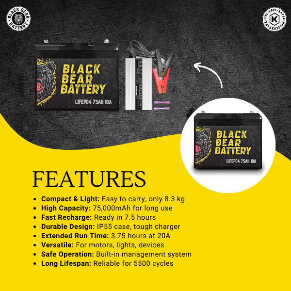 Black Bear Battery LiFePo4 75AH Battery with 10A Charger