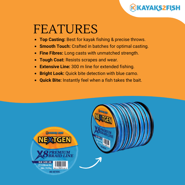 NextGen X8 Premium Braided Line Blue Camo 9.07KG - $25 - Kayaks2Fish