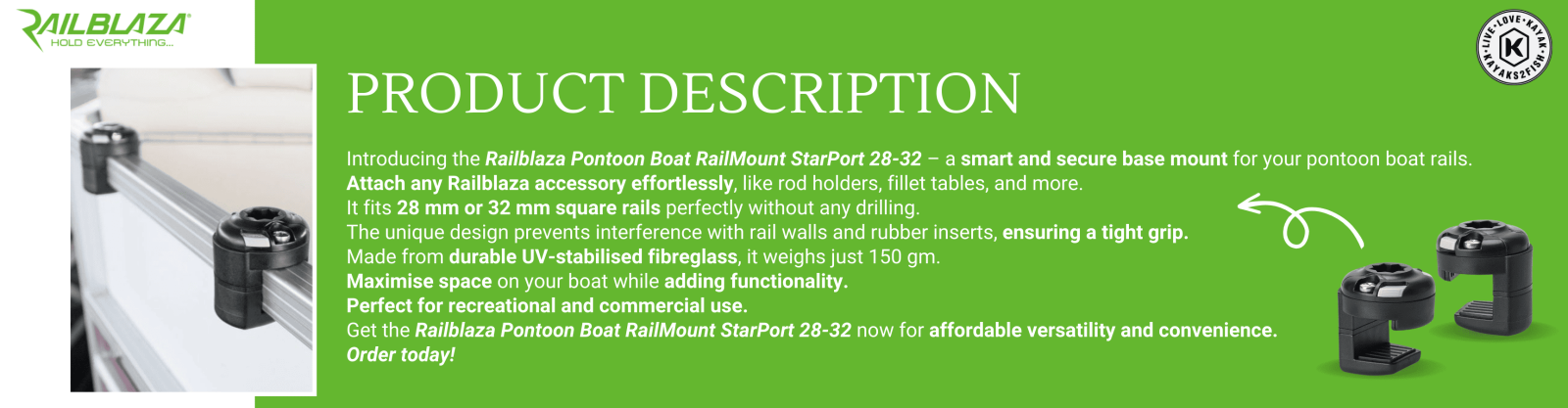 Railblaza Pontoon Boat RailMount StarPort 28-32 - $35 - Kayaks2Fish