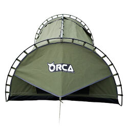 Orca Outdoors - Deluxe Double Size Canvas Swag with 70mm Mattress and Awning Poles - Khaki