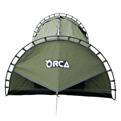 Orca Outdoors Deluxe Double Size Canvas Swag with 70mm Mattress and Awning Poles - Khaki Orca Outdoors Deluxe Double Size Canvas Swag with 70mm Mattress and Awning Poles - Khaki