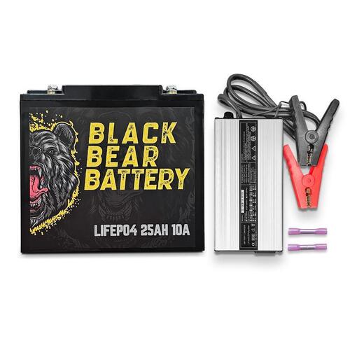 Black Bear Battery LiFePo4 25Ah Battery with 10A Charger Black Bear Battery LiFePo4 25Ah Battery with 10A Charger