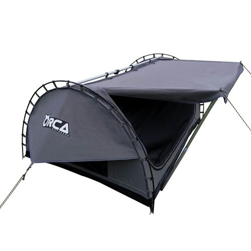 Orca Outdoors Deluxe Double Size Canvas Swag with 70mm Mattress and Awning Poles - Grey Orca Outdoors Deluxe Double Size Canvas Swag with 70mm Mattress and Awning Poles - Grey
