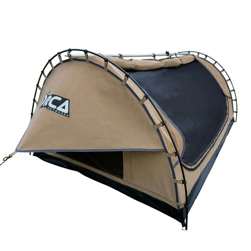Orca Outdoors Deluxe Double Size Canvas Swag with 70mm Mattress and Awning Poles - Sand Orca Outdoors Deluxe Double Size Canvas Swag with 70mm Mattress and Awning Poles - Sand